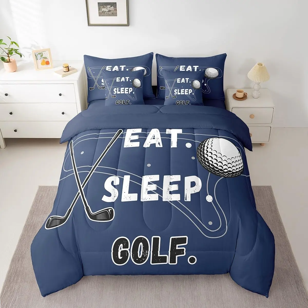 Golf Comforter Set with Sheets,Sport Theme 7 Piece Bedding Set for Teens,Eat Sleep Golf Decor Bed in a Bag,Ball Games Bed Set,Bedroom Collection, Bedsheet Sets, Breathable Duvet Set