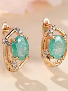 A pair of oval-shaped green synthetic crystal earrings, stylish and high-end, with a golden finish, perfect for women to wear on special occasions or daily outfits, Earrings Jewelry