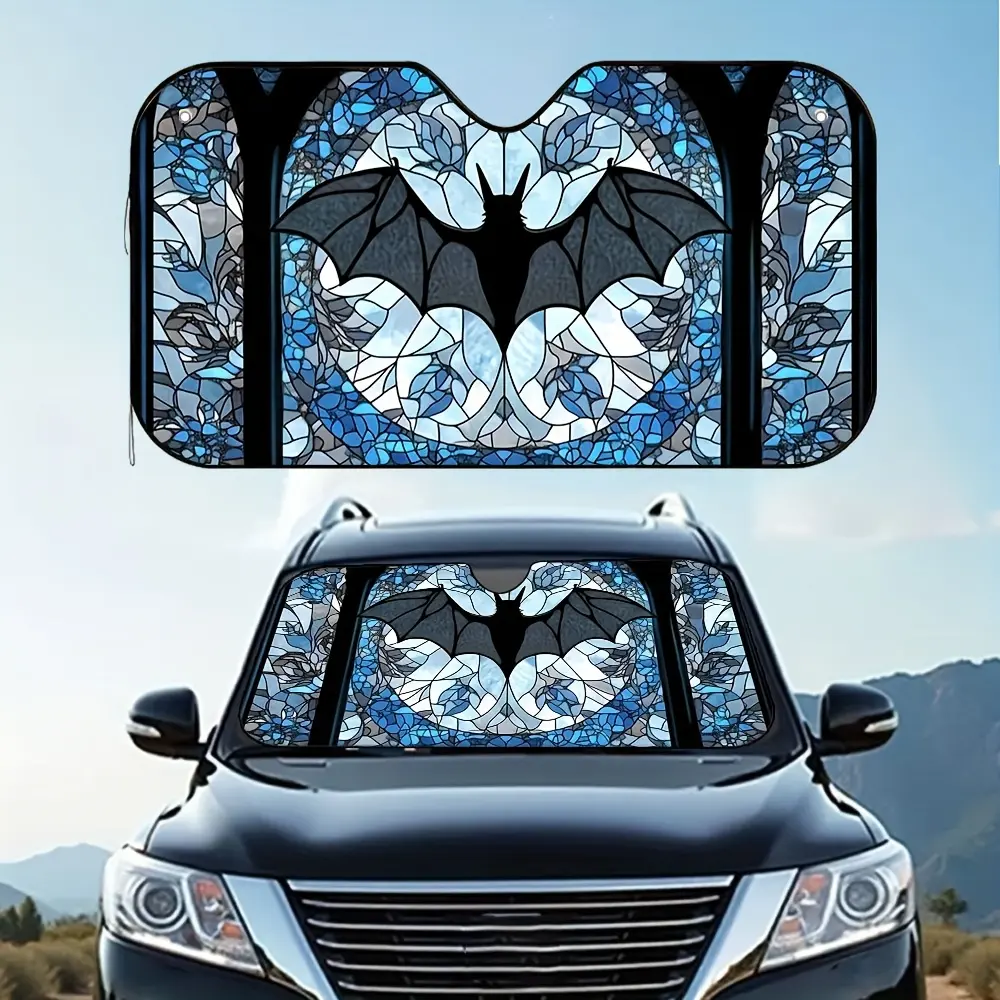 1pc White Bat Print Car Sunshade Cover with Blue Stained-Style Bat & Gothic Window Design - Black Bat Silhouettes, 4 Suction Cups, Foldable UV/Rain Shield for SUVs, Minivans - Halloween Car Accessory Windshield Sun Shade, Car Sun Shades