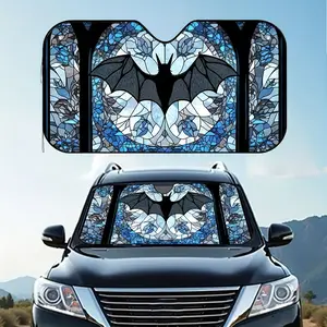 1pc White Bat Print Car Sunshade with Blue Stained--Style Bat & Gothic Window Design - Black Bat Silhouettes, 4 Suction Cups, Foldable UV/Rain Shield for All, SUVs, Minivans - Ideal Gift for Parents ，Halloween Car Accessory Windshield Sun Shade