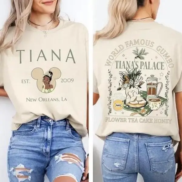 Two-sided Tiana's Palace T-shirt with Princess Tiana Flower Tea Cake Honey Shirt