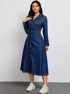 New Arrival Women's Denim Waist Cinched Lightweight Long Sleeve Dress, Everyday, Formal, Contrast Stitching Midi Dress, Professional Lapel Collar A-Line Shirt Dress, High Waist Slimming Fit and Flare