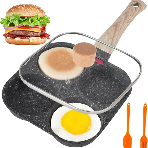 4 Cup Nonstick Egg Frying Pan with Lid, Multi Section Omelette & Pancake Maker, Perfect Round Eggs, Easy Breakfast Pan for Gas Stove,  Cookware