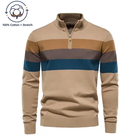 mens quarter zip striped knit sweater half high collar color block pullover long sleeve soft warm knit top casual business daily dating office outdoor travel autumn winter fashion clothing for adult men Fabric Knitwear Chinos Classic