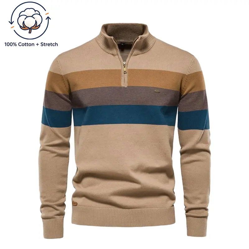 mens quarter zip striped knit sweater half high collar color block pullover long sleeve soft warm knit top casual business daily dating office outdoor travel autumn winter fashion clothing for adult men Fabric Knitwear Chinos Classic