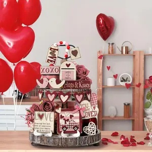 Valentine's Day Themed Wooden Tiered Tray Decor, 16pcs/set Romantic Desktop Ornament, Decorative Wooden Sign for Home Kitchen Party, Customized Decoration