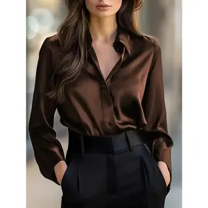 Autumn Solid Color Satin Button-Down Blouse Women's Elegant Long Sleeve V-Neck Office Lady in Coffee Brown Plus Size Fashion Tops for Fall Office Days Business Meetings - Fabric Shirts begin shirt tiki pink lady jacket original hood sweatshirt cute women