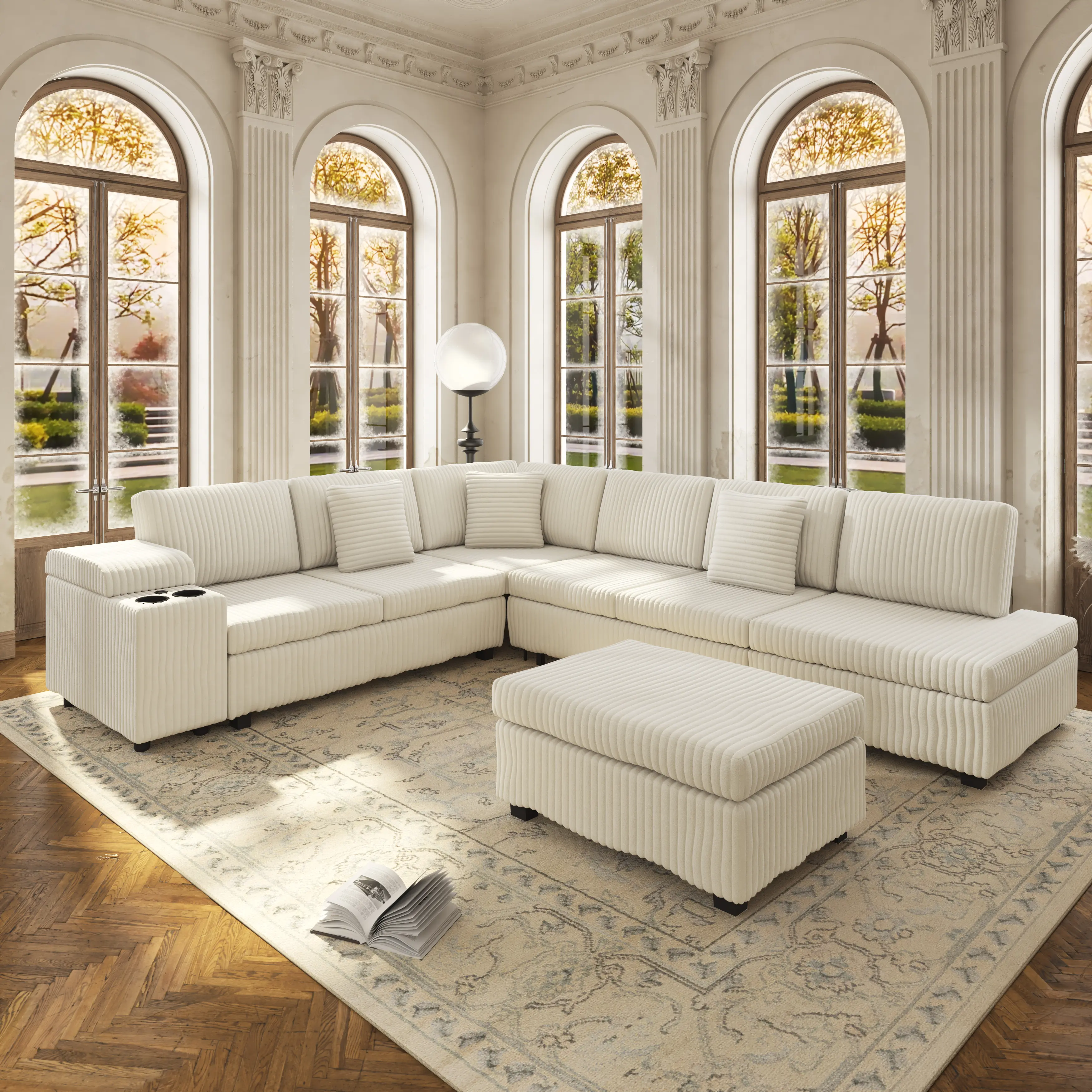 110.2" Modular L-Shaped Sectional Sofa with Ottoman – Convertible Sleeper, Plush Corduroy, Built-in USB Ports and Cup Holders, Hidden Storage Compartments, Ideal for Living Room and Apartments