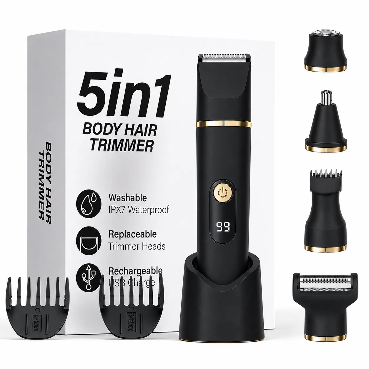 5-in-1 Electric Body Trimmer for Men, Groin & Body Grooming Kit with Ceramic Blades, IPX7 Waterproof Shaver with LED Display, USB Rechargeable, Beauty Products
