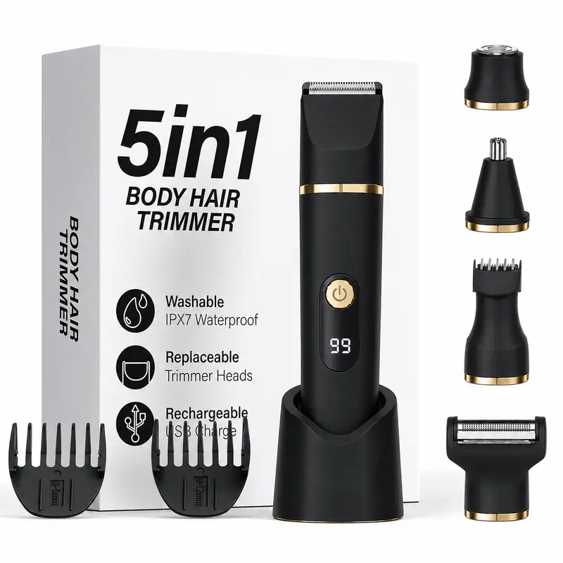 5-in-1 Electric Body Trimmer for Men, Ball Groomer,Groin & Body Grooming Kit with Ceramic Blades, IPX7 Waterproof Shaver with LED Display, USB Rechargeable, Beauty Products