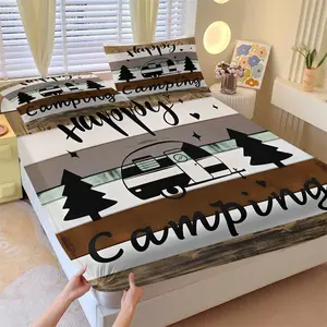 Happy Camping Theme Fitted Sheet Set and 2 Pillowcases No Core, Multi-Color Wood Grain Design & Campervan Pattern, Soft Anti-Slip Wrinkle-Free Bedding, Camping Enthusiast Bedroom Decor, Gift Choice