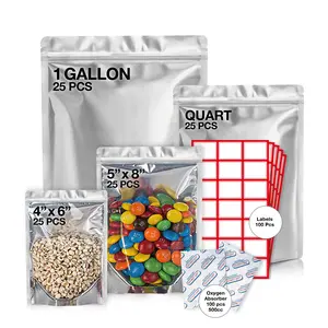 BELLE KR® 100 Pcs Mylar Bags for Food Storage with Oxygen Absorber - Aluminium, Available in 1 Gallon, 7x10, 5x8, 4x6 with 1 Side Clear