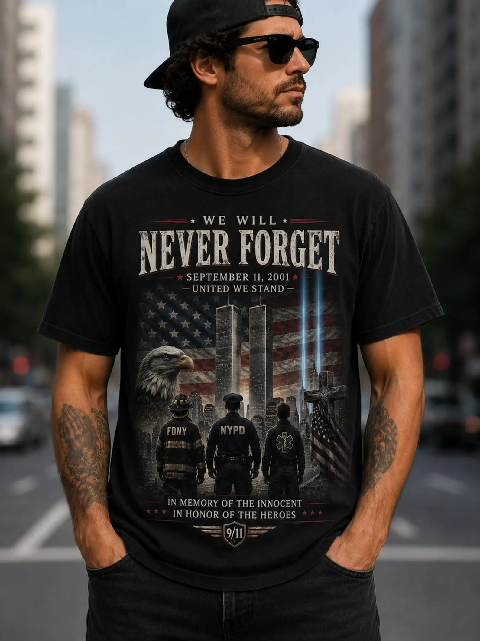 We Will Never Forget 9/11 Memorial Shirt, September 11 2001 Tribute Tee, Never Forget Shirt, Patriot Day T-Shirt, FDNY, Front Back Print USA Tribute, Gift For Women and Men - MonkeyGraphic Apparel