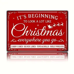 Vintage 2D Flat Christmas Metal Wall Decor with Rustic Iron Sign Featuring It Is Beginning to Look a Lot Like Christmas Motto Measuring 8 Inches By 12 Inches Waterproof Weatherproof and Ready for Easy Hanging Perfect for Kitchen or Living Room