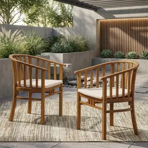 23.75*24.5*31.5in Cream Acacia Wood Armchair, Water Resistant Polyester Cushion Curved Slat Back Leisure Chair, Weather Resistant Handcrafted Outdoor Dining Chair for Patio Garden Use