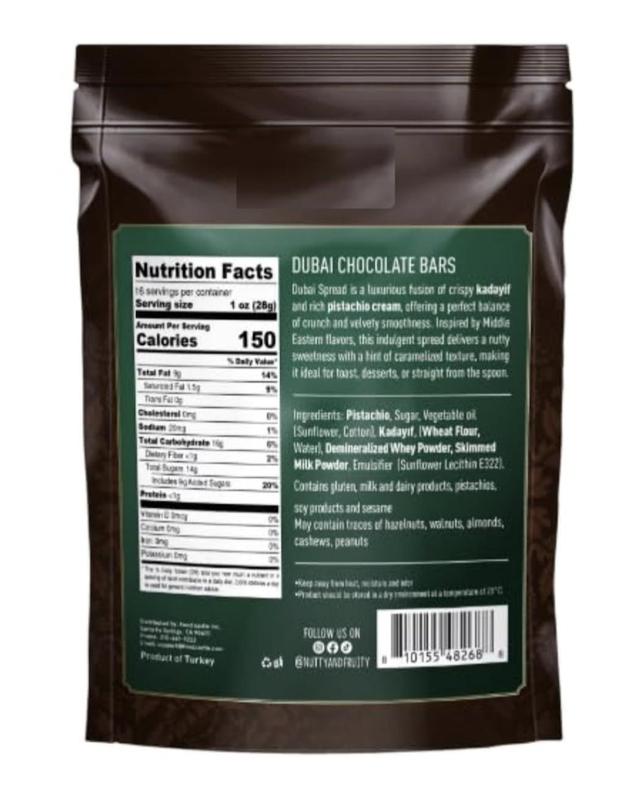 Nutty Fruity Dubai Chocolate Bars Milk Chocolate with Pistachios and Kadayif Individually Wrapped 16 oz Middle Eastern Inspired Fusion Treat