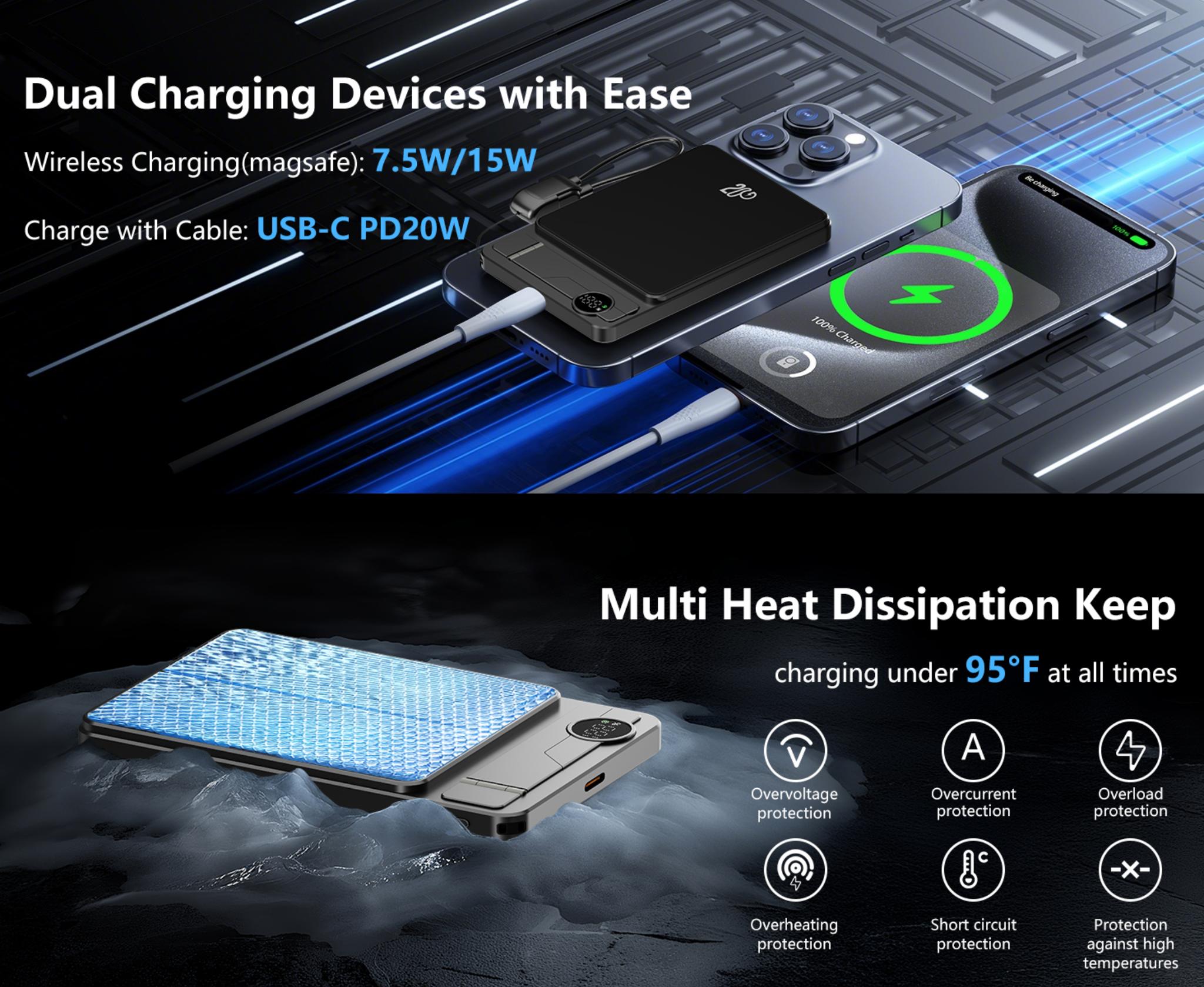 3 in 1 Magnetic Wireless Power Bank, Slim Magnetic Portable Charger with Foldable Stand & LED Display, PD 20W USB C Cable Magnetic Battery Pack for iPhone 17/Air/Pro/16/15/14/13 (5000mAh)