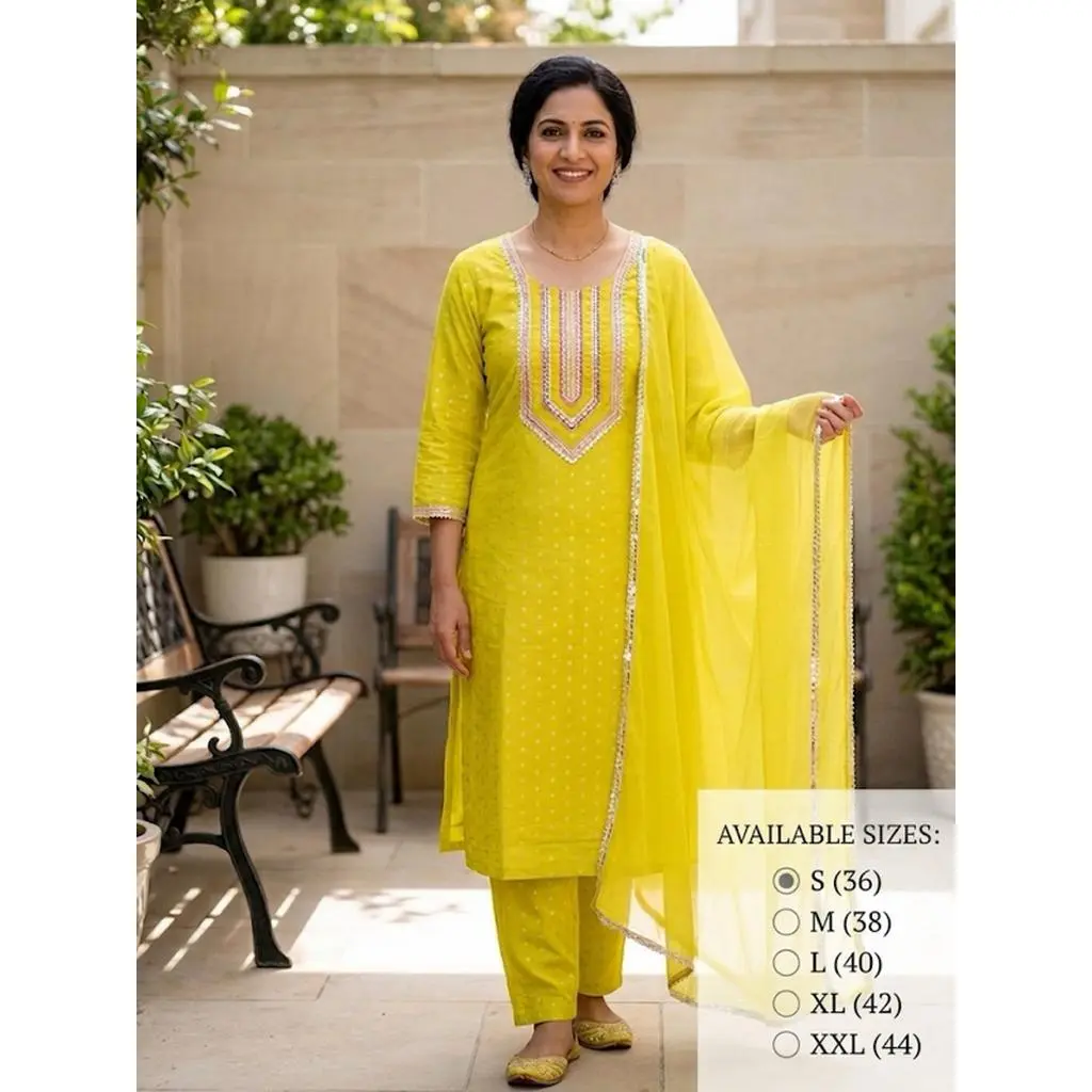 Women's Yellow 3-Piece Kurta Set Traditional Embroidered Kurti Trousers & Sheer Dupatta Festive Ethnic Wear M-38" L-40" XL-42" XXL-44"