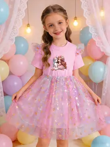 Girls' Unicorn Dress, Sweet Princess Style, Summer Performance Costume, Slim-Fitting, Stars Pattern, Elegant Clothing
