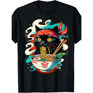 Festive Delight |   Men's Cute Cat Ramen Graphic T-Shirt -  Cotton, Crew Neck, Short Sleeve, Regular Fit, All-Season Casual Wear, Ideal for Valentine's, New Year's, Father's Day, Christmas, Allseason Apparel |   Whimsical Design |   Comfortable Fit