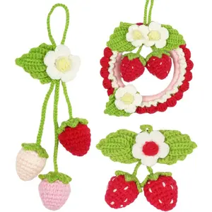Crochet Kit for Beginners,Crochet Strawberry Ornaments,Plant Hanging Decorations with Step-by-Step Video Tutorials, 3 Pack Strawberry Decor