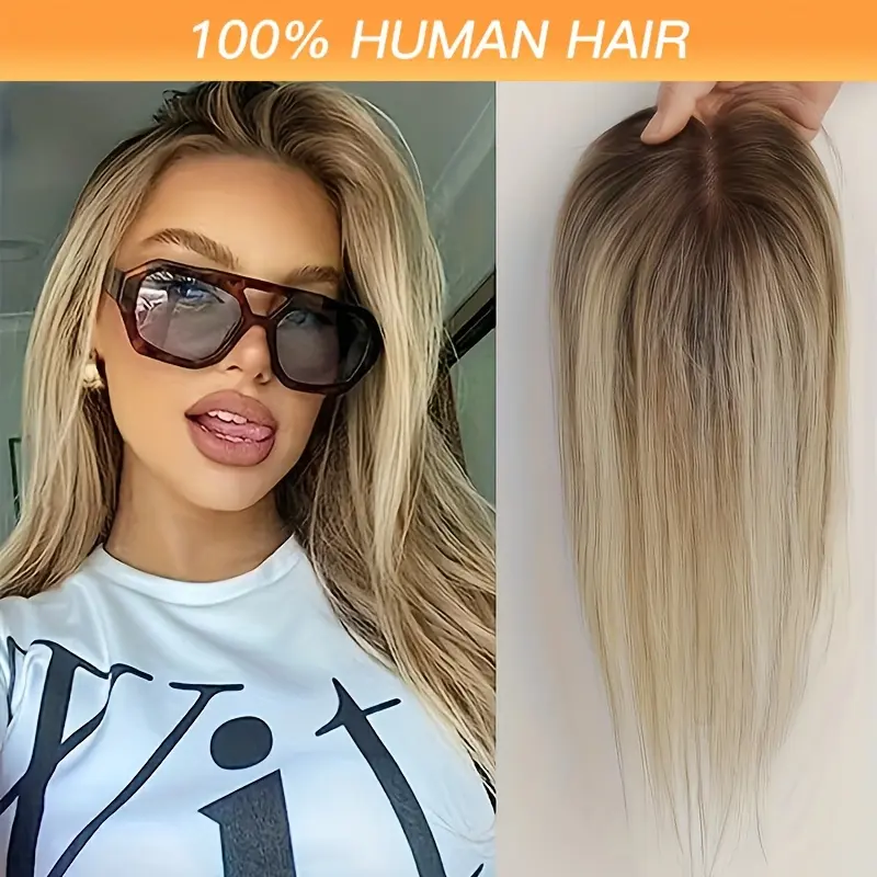 Hot New Remy Human Hair Topper - Ombre Light Brown to Blonde, Clip-In Straight Hair Piece for Women with Thinning Hair, Middle Part, Versatile Style Enhancer
