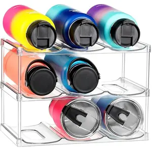 3 Tier Stackable Water Bottle Organizer for Cabinet - Premium Clear Holder for Tumbler, Cup, Travel Mug, Wine Rack Display - Home Kitchen Pantry Refrigerator Organization and Storage - Hold 9 Bottles