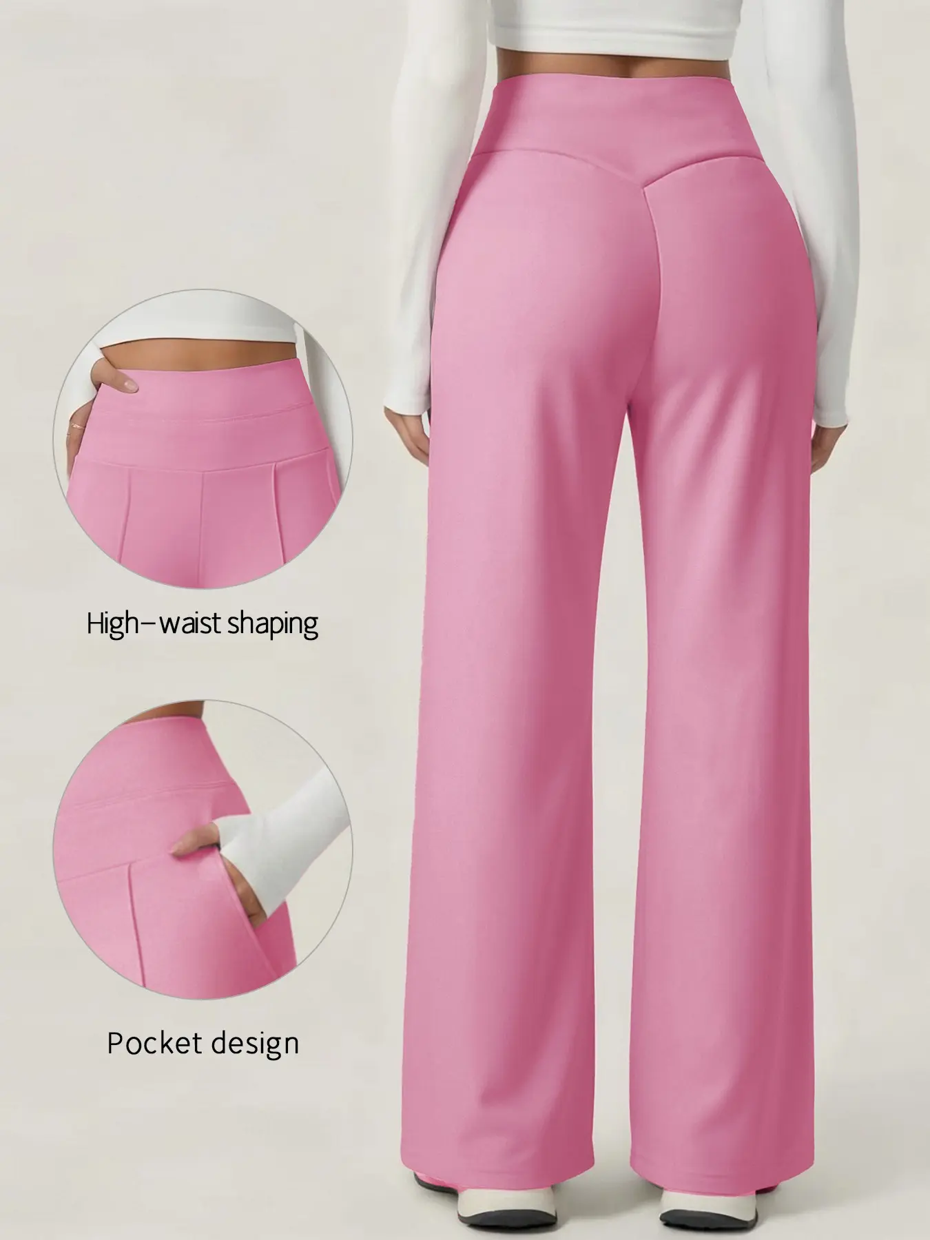 Women's High-Waisted Wide-Leg Sport Pants, Waistband Design, Stretchy Breathable Fabric, Four-Directional Elasticity, Comfortable Fit, Knitted Sports Pants, Breathable Workout Pants