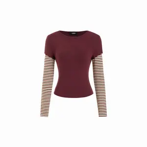 Cider Cotton Striped Round Neckline Colorblock Top