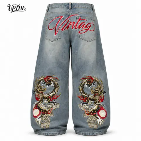 UP THE Men’s Dragon Embroidery Button Pocket Baggy Jeans - Vintage Washed Textured Denim, High-Waisted Wide Leg, High Street Vibe Pants for New Year, Daily Hangout Outfits,sohochic