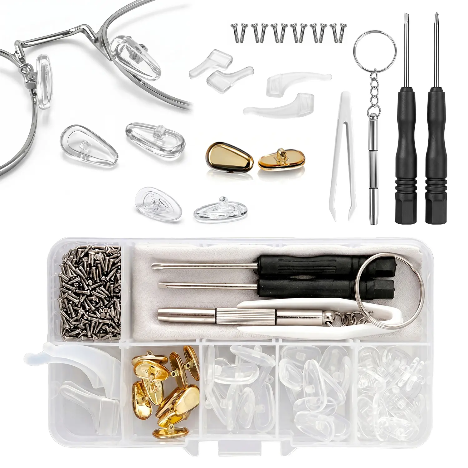 25 Pairs Glasses Nose Pads Replacement Repair Kit, Soft Silicone Air Chamber Screw-in Eyeglass Nose Pads, Non-Slip Pain Relief Eyewear Nose Pad Set with Mini Screwdrivers, Tweezers, Extra Tiny Screws, Anti-Slip Ear Hooks for Optical Eyeglasses Sunglasses