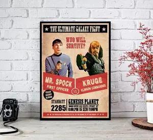 Retro Galactic Duel Poster, Spock Vs Kruge Sci-Fi Fight Card Art, Classic Cosmic Showdown Decor, Exclusive Fan Gift, Unframed Print Only