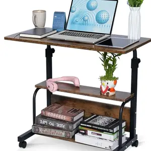 Rustic Portable Rolling Desk on Wheels, 32" Adjustable Height, Waterproof Design, with 3 Layer Storage Shelves for Home Office and Study