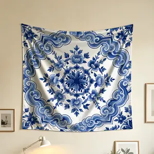 Chinese Style Blue & White Porcelain Floral Tapestry, Soft with Nice Drape, Can Be Used as Background Cloth & Wall Art, Perfect for Dorms & Rental Rooms, Timeless Design for All Ages