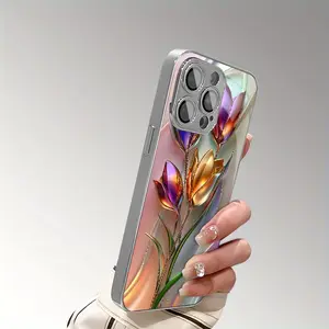 Beautiful and Colorful Artistic 3D Tulip Pattern Electroplated Glass Phone Case with Lens Protection for iPhone 17 16 15 14 13 12 11 pro max, Full Coverage Anti-Fall Protective Cover, Phone Accessory