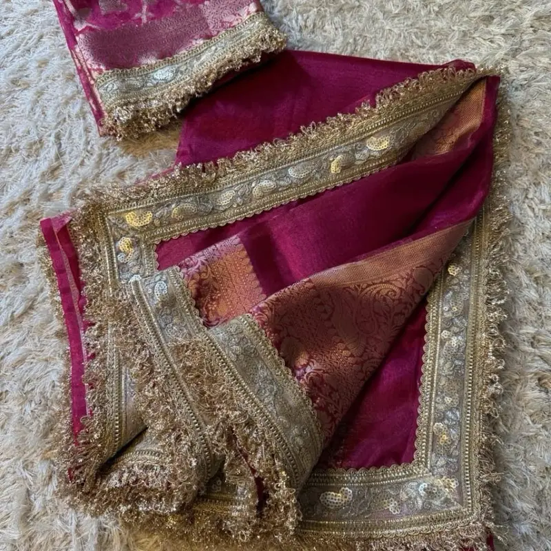 Banarsi pink  Women's Tissue Saree with Ready to Wear Blouse Indian Wedding Saree Fall Pico Design Gold Color Dress for Women