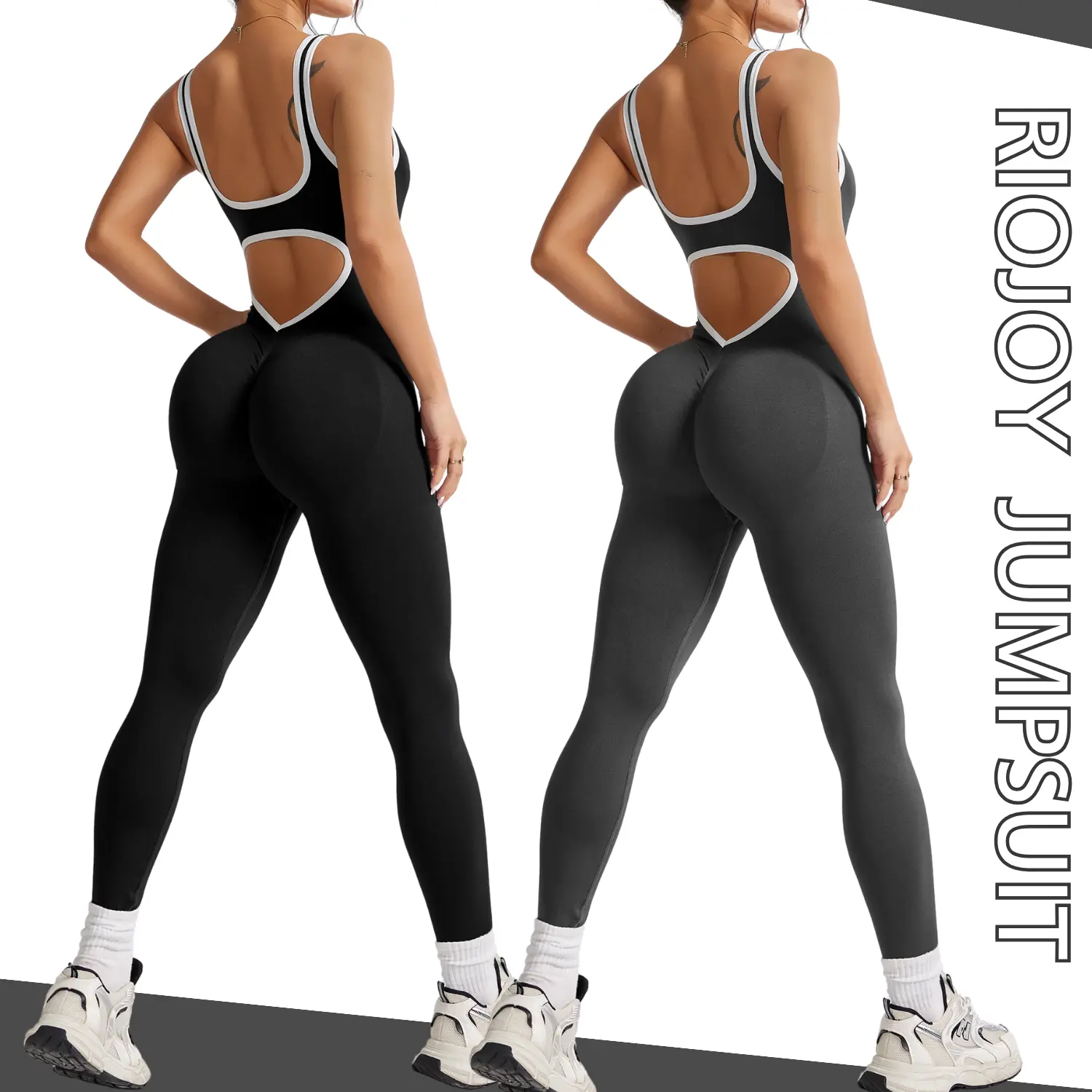 RIOJOY Women's 1-2 Pack Seamless Colorblock Jumpsuits - Sleeveless, U-Neck, Slim-Fitting, Contrast Trim, Scrunch Butt Lifting, Tummy Control Athletic Dress (90% Polyamide 10% Elastane) for Sporty Chic Hearts & Stylish Appeal Yoga, Aesthetic, Stretch, Exce