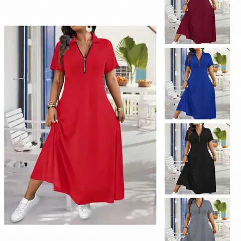Women's Comfy Short-Sleeve Quarter-Zip Knit Polo Maxi Dress - T-Shirt-Inspired Cute Swing Sporty Chic, Adjustable Breathable Polyester Pullover, Plus Size Clothes, Black Dresses for Women, Clothing for Everyday Beach Wear (Multiple Colors)