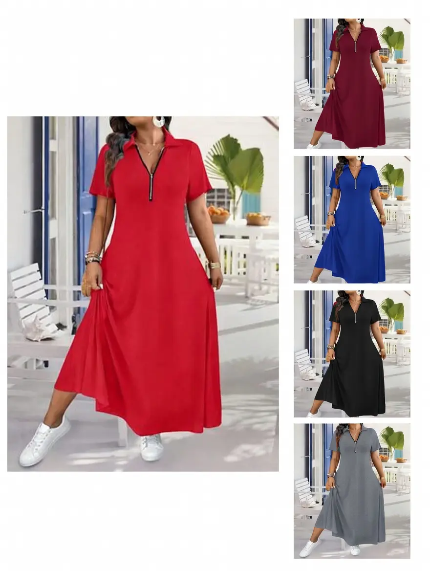 Women's Comfy Short-Sleeve Quarter-Zip Knit Fabric Polo Maxi Dress - Smooth, Adjustable, Sporty, Breathable Polyester Pullover for Everyday, Beach Casual Wear (Multiple Colors)