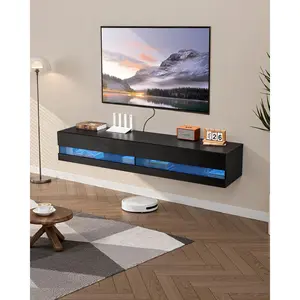 fathersdaygift VEVOR Floating TV Stand, 71 in Wall Mount Entertainment Center with Power Outlet LED Lights, Modern Floating TV Shelf with 2 Drawers Storage Cabinet for DVD Player, Cable Box, Game Console, Black