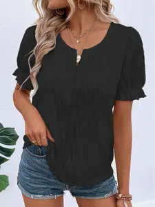 Women's Solid Color Textured Notched Neck Puff Sleeve Basic Blouse - Loose Fit, Elegant Casual Top for Work, Office Wear