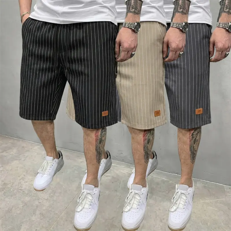 Men's 3-Pack Summer Casual Vertical Striped Shorts, Streetwear Outfits, Embroidered Logo, Straight Cut, Mid Waist, Knee Length, Breathable, Suitable for Leisure Outdoor Outings, Ideal Gift for Him