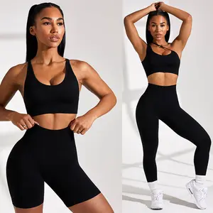 Cross-Border Seamless Solid Color Knitted High Elastic Sports Bra & Yoga Pants Running Fitness Wear Suit for Women