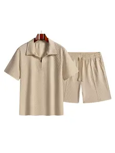 Men's Summer Slim Fit Short Sleeve Zip Polo Shirt and Shorts Set Outfit, Casual Business Golf Top, Jacquard Fabric, Daily Commute & Outdoor Sports