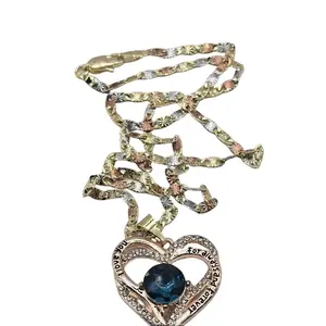 N43-Blue Sapphire Style Tri-color Heart Pendant 1.1 Inch with 3mm 19.5 Inch Copper Gold Plated Chain in Vibrant Color for Women's Stylish Accessory