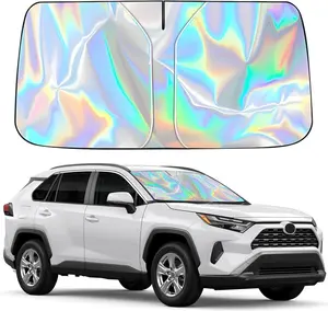 Car Windshield Sun Shade, Foldable Universal V-Cut Shape 240T Polyester, 99% UV Blocking Heat Defense Laser Titanium Silver Coating, 57"x31.5" Easy-Install Vehicle Cooling Shield