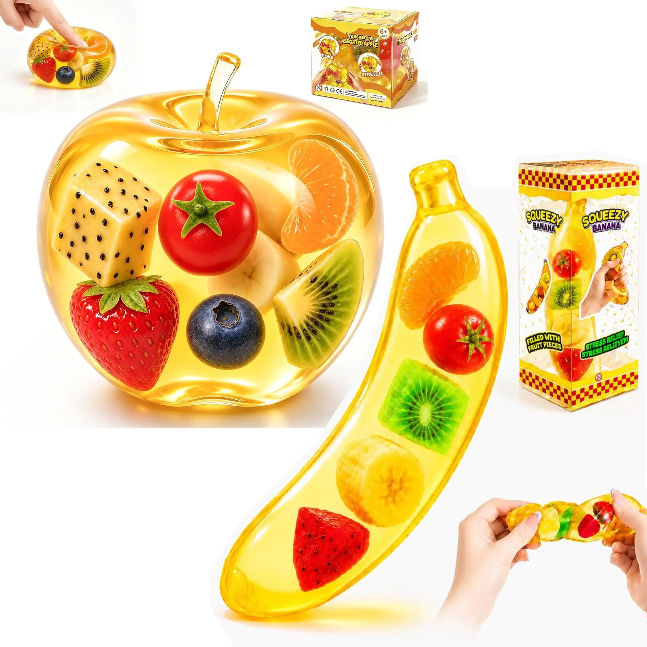 Vaseline Banana Squishies Toys with Colorful Fruit Interior, Stress-Anxiety Relief Fidget Sensory Toy, Kids' Birthday Party Favor Classroom Reward