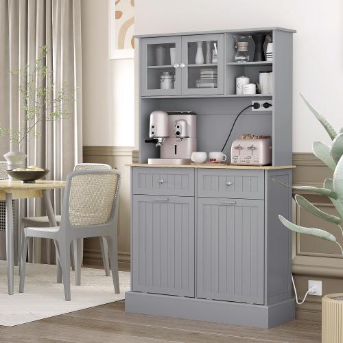 Bellemave HOMCOM 68" Multi Purpose Organized Open Storage Kitchen Furniture Cabinet with Charging Station, 2 Tilt-Out Trash Cabinets, Microwave Stand, Glass Doors & Adjustable Shelf, Freestanding Hutch, Open Storage Cabinet, Multi Purpose Kitchen Furnitur