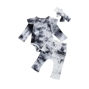Newborn Baby Girls Tie-Dye Clothes Ruffle Sleeve Romper Top + Long Pants + Cute Bow Headband Fall Winter Outfit