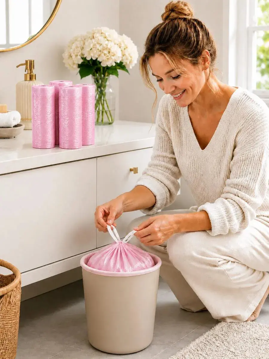 Pink Drawstring Trash Bags, 50-400 Pcs 4-5 Gal Fragrance-Free Leakproof Heavy Duty Liners, Strong Small-Capacity Bags for Bathroom & Kitchen Home Daily Use, Fragrance-Free Trash Bags, Leakproof Trash Bags